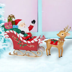 14" Vintage Santa in Sleigh with Reindeer