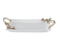 18" White Ceramic Rectangular Tray with Gold Metal Floral Handles
