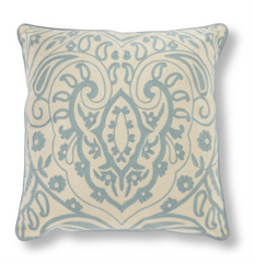 20" Square Light Blue & Beige Damask Embroidered Pillow