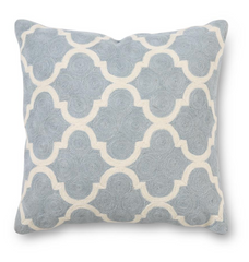 20" Square Light Blue & White Quatrefoil Embroidered Pillow