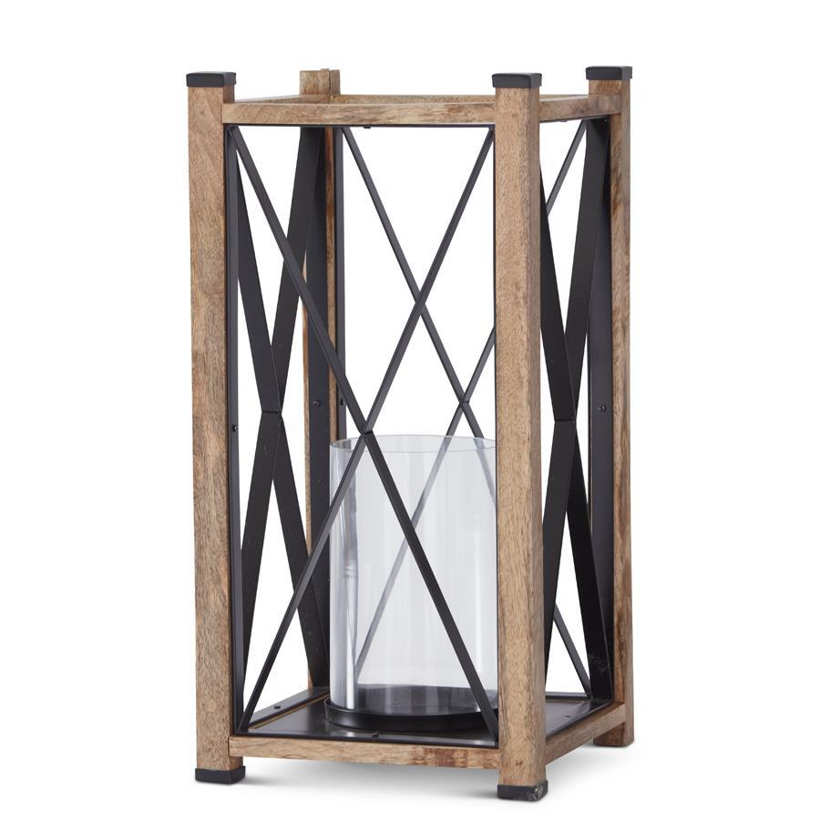 19.75" Wood & Black Metal Lantern with Glass Cylinder
