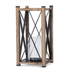 19.75" Wood & Black Metal Lantern with Glass Cylinder