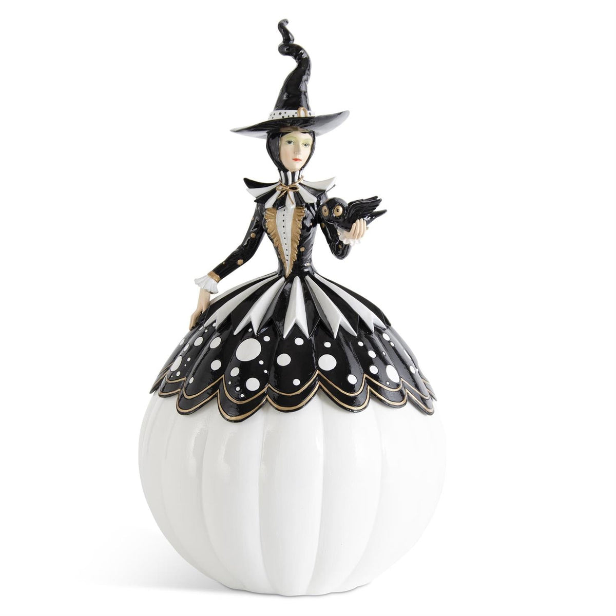 18" White Black & Gold Resin LED Witch