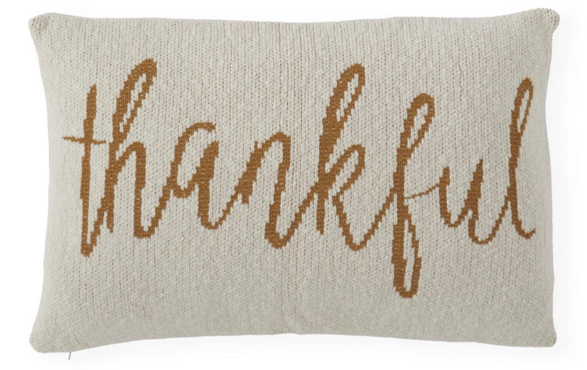 24" Cream Cotton Knit Pillow with Yellow "Thankful"