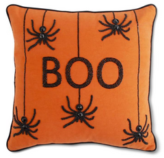 18" Orange Square Beaded "Boo" Pillow with Spider