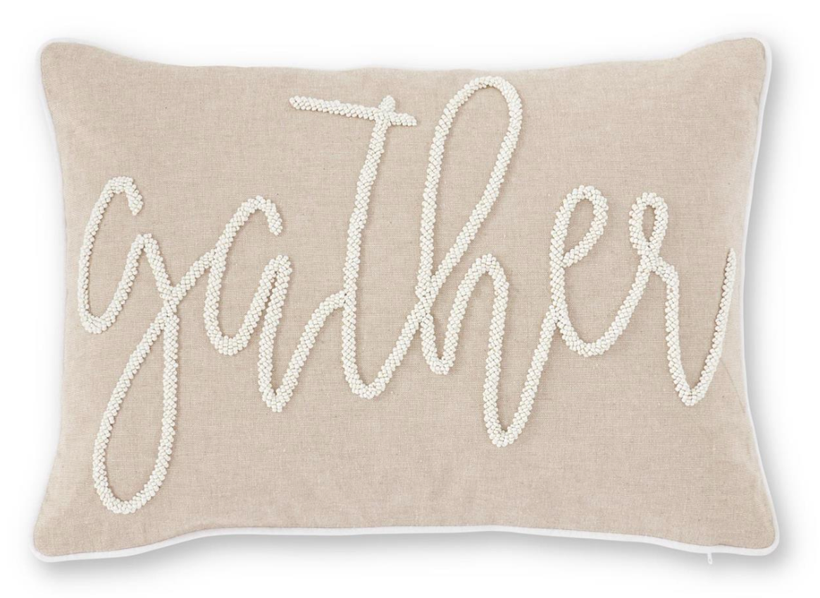 20" Rectangular Tan White Beaded "Gather" Pillow