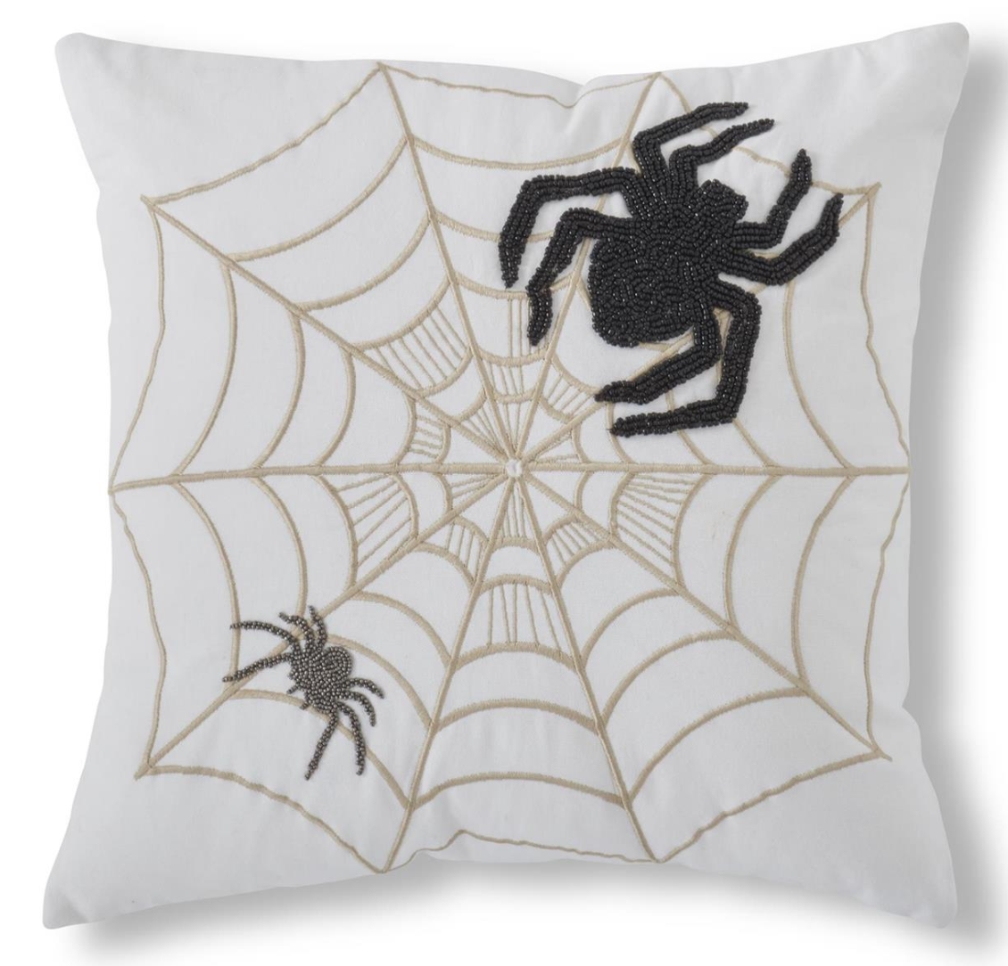 18" White Halloween Pillow with Embroidered Spider