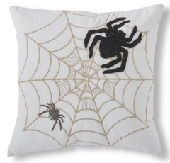 18" White Halloween Pillow with Embroidered Spider