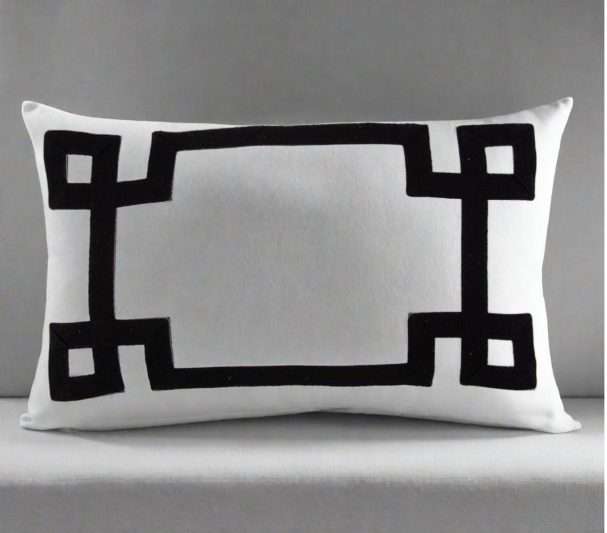 20" Rectangular White Linen Pillow with Black Geometric Pattern