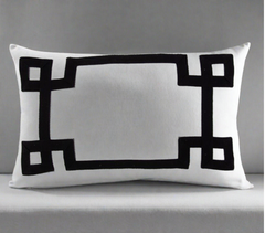 20" Rectangular White Linen Pillow with Black Geometric Pattern