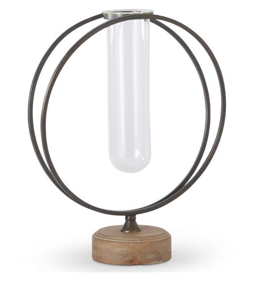 18.25" Glass Test Tube Vase in Round Metal Frame with Wood Base