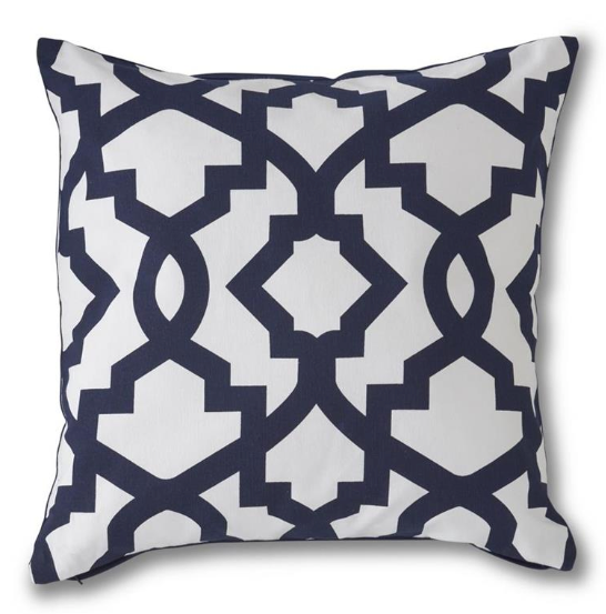 18" Square Cotton White Pillow with Navy Geometric Interlocking Pattern