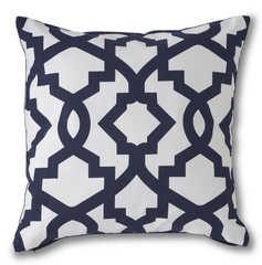 18" Square Cotton White Pillow with Navy Geometric Interlocking Pattern