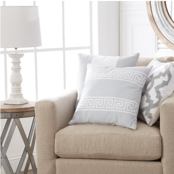18" Square Cotton White Pillow with Gray Geometric Interlocking Pattern