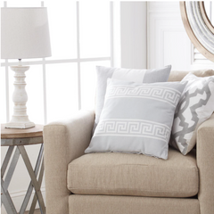 18" Square Cotton White Pillow with Gray Geometric Interlocking Pattern