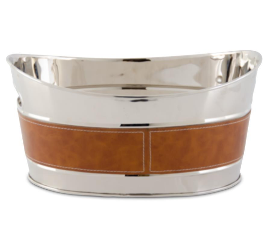 15" Silver with Brown Leather Oval Ice Bucket