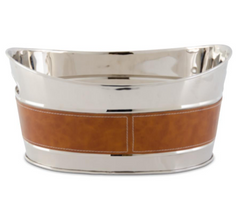 15" Silver with Brown Leather Oval Ice Bucket