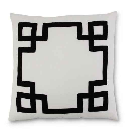 20" Square White Linen Pillow with Black Geometric Pattern