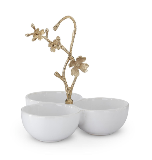 9.75" White Ceramic 3-Bowl Condiment Server with Gold Metal Floral Handle