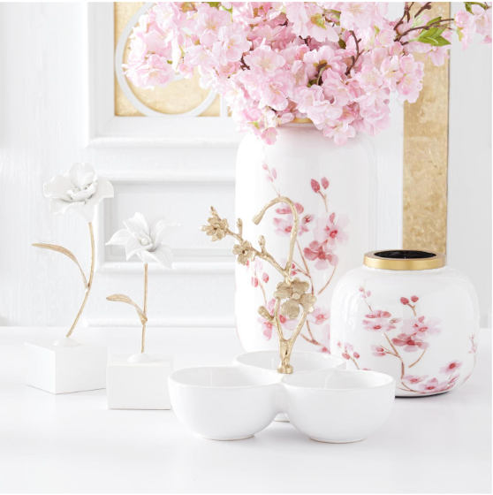 9.75" White Ceramic 3-Bowl Condiment Server with Gold Metal Floral Handle