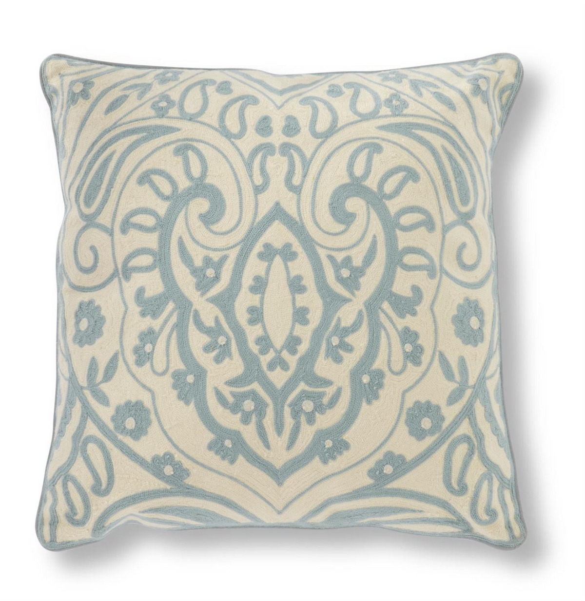 20" Square Light Blue & Beige Damask Embroidered Pillow