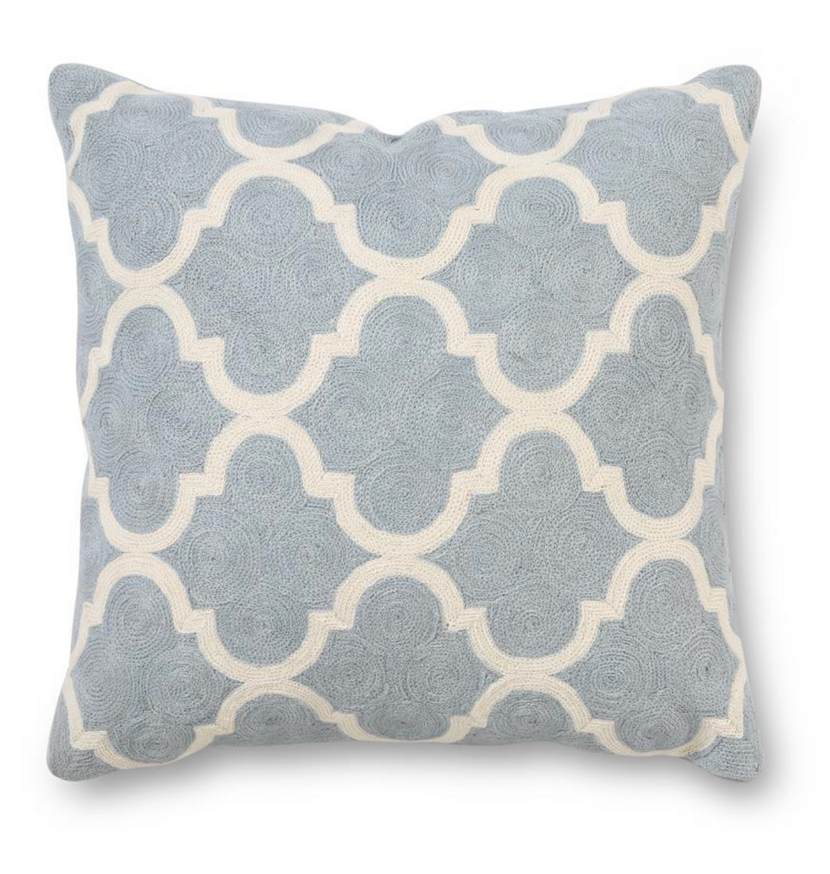 20" Square Light Blue & White Quatrefoil Embroidered Pillow